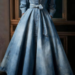 Ursime Light Blue Denim Stand Collar Long Sleeve Pocket Pleated Belt Maxi Dress