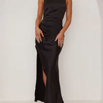 Sleeveless Pleated Solid Color Split-Joint Split-Side Spaghetti-Neck Midi Dresses