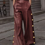 Loose Wide Leg Belted Buttoned Solid Color Casual Pants Bottoms Trousers