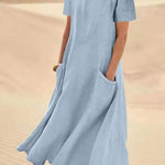 JFN Cotton & Linen Solid Color Loose Casual Pocket Dress