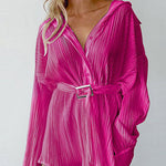 Long Sleeves Buttoned Pleated Solid Color Tied Waist Lapel Mini Dresses Shirt Dress