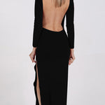Bodycon Long Sleeves Backless Solid Color Split-Joint Split-Side Round-Neck Maxi Dresses