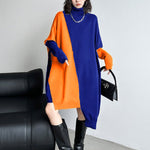 Batwing Sleeves Hipster Asymmetric Contrast Color Split-Joint High-Neck Midi Dresses Sweater Dresses