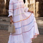 A-Line Long Sleeves Buttoned Contrast Color Elasticity Mock Neck Maxi Dresses