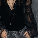 Vintage Henley Collar Sheer Sleeves Lace Trim Polyester Velvet Blouse