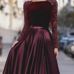 Velvet Sequin Sleeve Gown With Satin Skirt