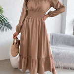 A-Line Elasticated Waist Pleated Solid Color Round-Neck Maxi Dresses