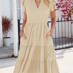 Loose Ruffle Sleeves Pleated Pockets Solid Color Split-Joint V-Neck Midi Dresses