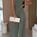 Linen Blend Solid Color Off-the-shoulder Pleated Casual Pocket Wide-leg Jumpsuit
