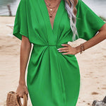 Loose Raglan Sleeve Pleated Solid Color Split-Joint Deep V-Neck Mini Dresses