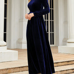 Long Sleeves Wrap Belted Pleated Solid Color Zipper Round-Neck Maxi Dresses