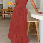 Summer Boho Spaghetti Strap Square Neck Solid Color Ruffle A Line Beach Long Maxi Dress
