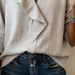 Women'S Casual V-Neck Ruffle Cotton And Linen Top