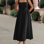 A-Line High Waisted Backless Pleated Solid Color Zipper Halter-Neck Midi Dresses