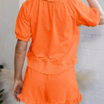 Women's Casual Puff Sleeve Top and Ruffle Shorts Set