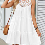 Loose Sleeveless Hollow Pleated Solid Color Split-Joint Round-Neck Mini Dresses