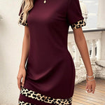 Bodycon Loose Contrast Color Leopard Split-Joint Round-Neck Mini Dresses