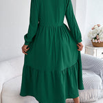 High Waisted Long Sleeves Pleated Ruffled Solid Color Lapel Midi Dresses Shirt Dress