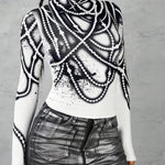 Long Sleeves Skinny Printed Striped High Neck T-Shirts Tops