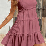 A-Line Loose Jacquard Layered Pleated Solid Color Split-Joint Spaghetti-Neck Mini Dresses