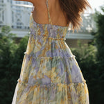 A-Line Loose Flower Print Layered Pleated Split-Joint Tied Spaghetti-Neck Mini Dresses