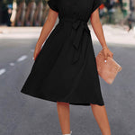 A-Line High Waisted Buttoned Solid Color Tied Waist Lapel Collar Midi Dresses Shirt Dress