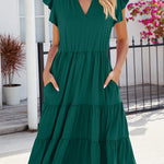 Loose Ruffle Sleeves Pleated Pockets Solid Color Split-Joint V-Neck Midi Dresses