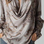 Vintage Leopard Print Floral Cowl Neck Polyester Satin Blouse