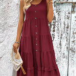 Loose Sleeveless Buttoned Solid Color Tiered Round-neck Midi Dresses