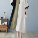 Half Sleeves Loose Contrast Color Round-Neck Midi Dresses