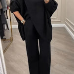Solid Color Loose-fitting Turtleneck Knit Top and Elastic Waist Casual Pocket Straight Leg Pants