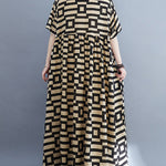 Loose Short Sleeves Plaid Round-Neck Midi Dresses
