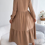 High Waisted Long Sleeves Pleated Ruffled Solid Color Lapel Midi Dresses Shirt Dress