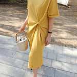 Original Solid Color Irregularity Pleats Midi Dress