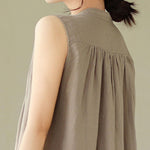 A-Line Sleeveless Buttoned Pleated Solid Color Round-Neck Midi Dresses