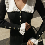 Long Sleeves Pleated Ruffled Split-Joint Peter Pan Collar Midi Dresses Sweater Dresses