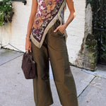 Stunning Floral Print Asymmetric Tassel Trim Scarf Top
