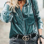 Women'S Retro Velvet Pocket Long Sleeve Shirt
