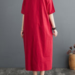 A-Line Loose Chinese Frog Buttons Pockets Solid Color Split-Side V-Neck Midi Dresses