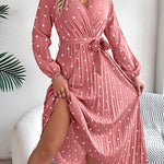 A-Line High Waisted Elasticity Pleated Polka-Dot Split-Joint Tied Waist V-Neck Midi Dresses Shirt Dress
