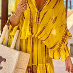 Lemon Flavor Tie Dye Ruffle Batwing Sleeve Elastic Waist Kaftan Mini Dress