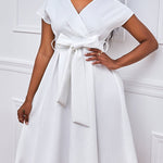 Bowknot Lace-Up Solid Color V-Neck Midi Dresses