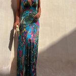 RAINFOREST PARADISE TROPICAL PRINT CUTOUT BACK CROSSOVER STRETCH MAXI DRESS