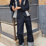 Long Sleeves Loose Contrast Color Split-Joint Deep V-Neck Jackets Outerwear