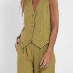 Women Casual Linen Waistcoat Two Set Suits