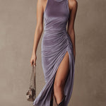Stylish And Elegant Purple Sleeveless High-slit Velvet Midi Dress