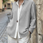 Long Sleeves Loose Buttoned Striped Stand Collar Blouses&Shirts Tops