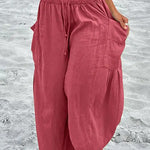 Elastic-waist Pleated Wide-leg Loose Cotton Linen Trousers