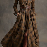 French retro waist long sleeve chiffon dress