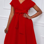 Bowknot Lace-Up Solid Color V-Neck Midi Dresses
